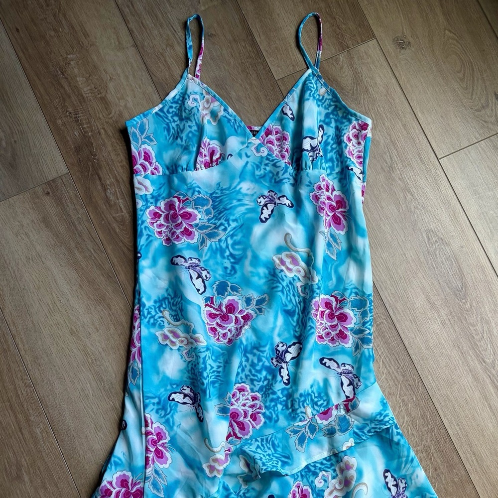 Mlle Gabrielle Y2K Tropical Ruffle Midi Slip Dress Blue Floral Butterfly Size 8 - Picture 2 of 8